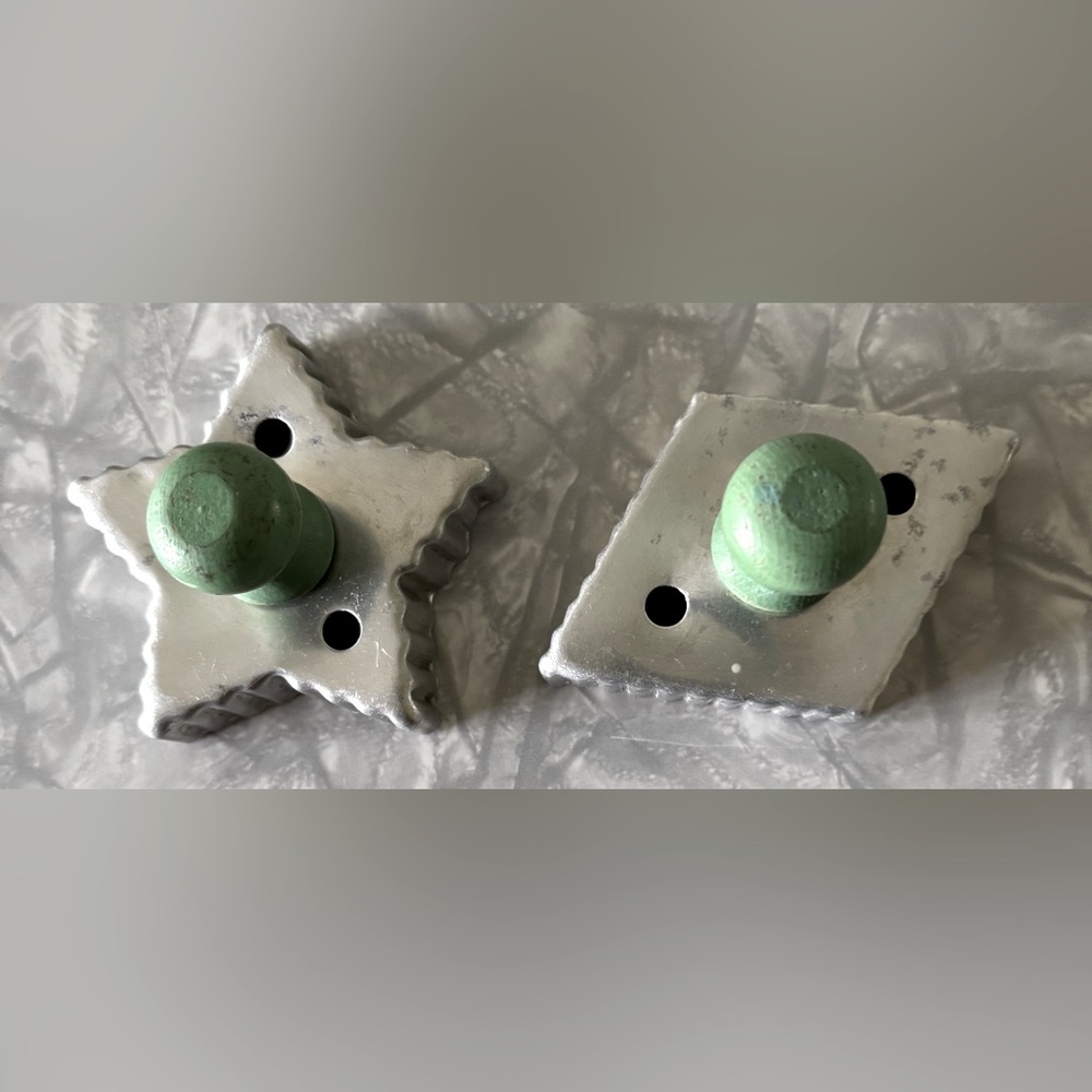 Vintage Cookie Cutters with green wood handle.